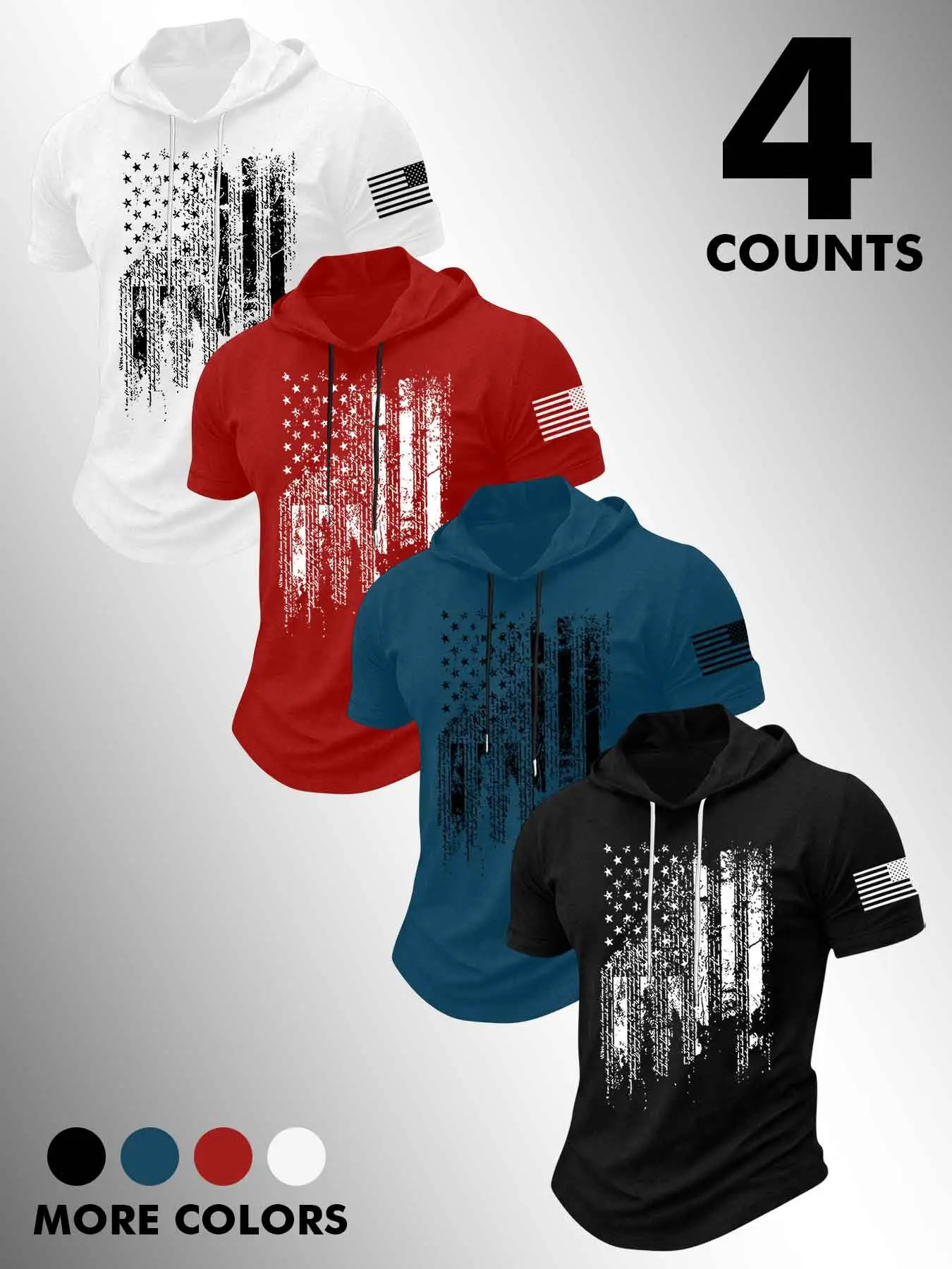 Men's 4-Pack Patriotic Hooded T-Shirts, Distressed American Flag Graphic Tees, Short Sleeve Hoodie Tops for Gym, Training, Independence Day Activewear Clothing Gym Outfit Tee Fitness Sport Top casual athletic style Casual Sports Tops #tiktokmademebuyit