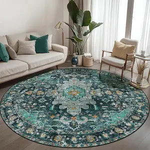 Boho Area Rug Round Teal Bedroom Rugs Non-Slip Oriental Carpet Throw Rug Low-Pile Indoor Floor Carpet for Dining Room Living Room Laundry Foyer Decor