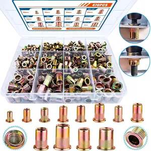 Rivet Nut Kit, 470Pcs SAE & Metric UNC Rivet Nut, Zinc Plated Carbon Steel Rivnut Threaded Inserts Assortment Set Nutserts, Sizes 6-32 8-32 10-24 1/4"-20 5/16"-18 3/8"-16 M3 M4 M5 M6 M8 M10
