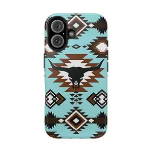 MagSafe Compatible Turquoise Aztec Bull Skull Smartphone Casing - Western Tribal, Wireless Charging, Protective Cellphone Case with Protection for iPhone 12/13/14/15/16/17 (Pro Max, Plus, Mini) | Mobile Phone Accessories resistant