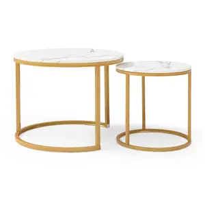 White Gray Nesting Round Coffee Table Set of 2 82.7x63x63.7 Inch Marble Pattern MDF Top Golden Metal Frame Space-Saving Stackable Side Table Modern Living Room Bedroom Furniture Easy Assembly