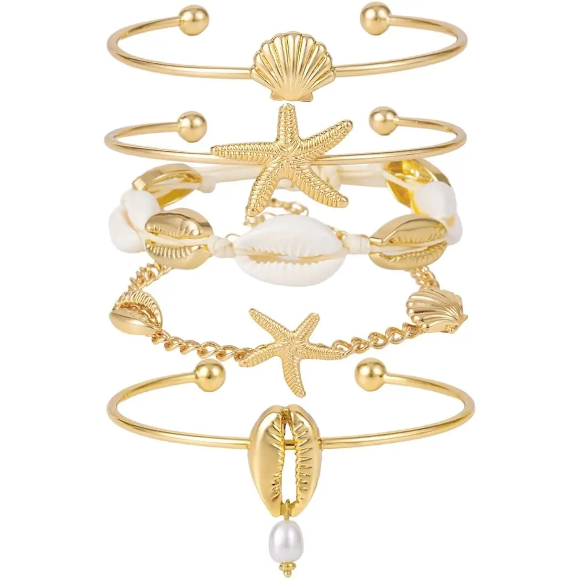 Shell Bracelet Seashell Boho Beaded Stretch Bracelets for Women Summer Beach Bracelets Starfish Charm Bracelet Stackable Gold Plated Bracelets Set for Women