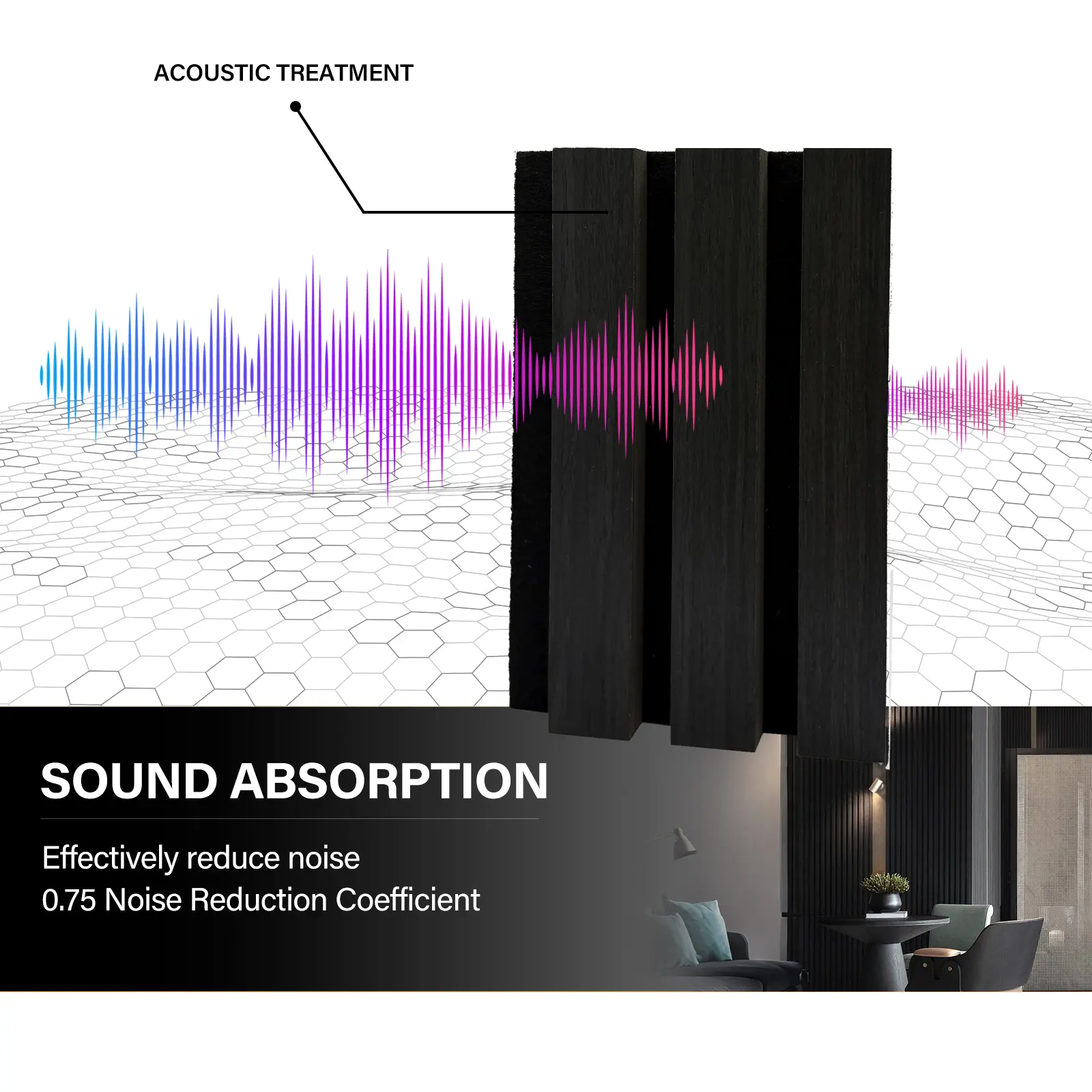 19.5cm Black Oak Wood Slat Acoustic Wall Panels 4 Pack, High Density MDF Sound Absorbing Panels, Fireproof Waterproof Noise Reduction Boards for Living Room, Studio, Gaming Room & Interior Decor