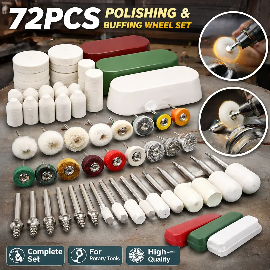 72 Pcs Car Buffers and Polishers Kit for Dremel - 1/8" Shank Rotary Tool Accessories, Metal Polishing Wheels, Polish Compound, Abrasive Pads, Wire Brushes, Wool Felt Cotton Mounted Pads for Car Detailing