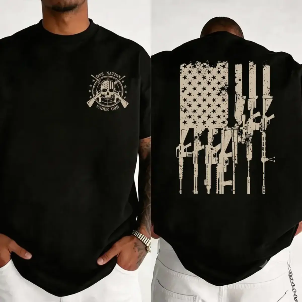 Patriotic American Flag T-Shirt - Distressed USA Flag With Tactical Rifle Silhouettes And One Nation Under God Skull Chest Print , Men's Patriotic Tee , Military Style Shirt , Rugged Casual Outfit , Gift For Veterans , Patriots And Freedom Supporters Tops