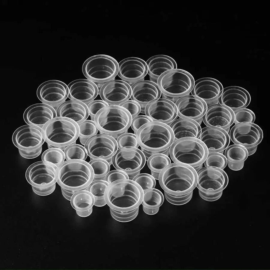100 Disposable Tattoo Ink Cups Plastic Paint Containers, Transparent Storage Bottles for Body Art Supplies, S M L Sizes, Convenience Hygiene, Clear, Tattoo Equipment Supply