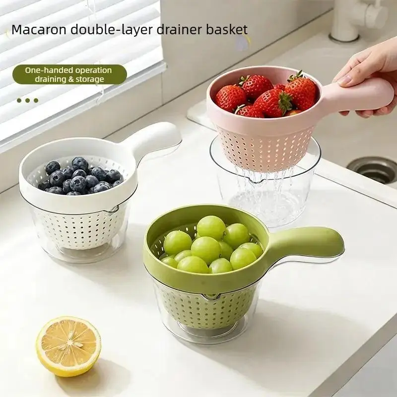 Double-Layer Fruit Washing Basket with Blue Handle - Compact Fruit Strainer for Blueberries, Strainers for Kitchen, Versatile Tool