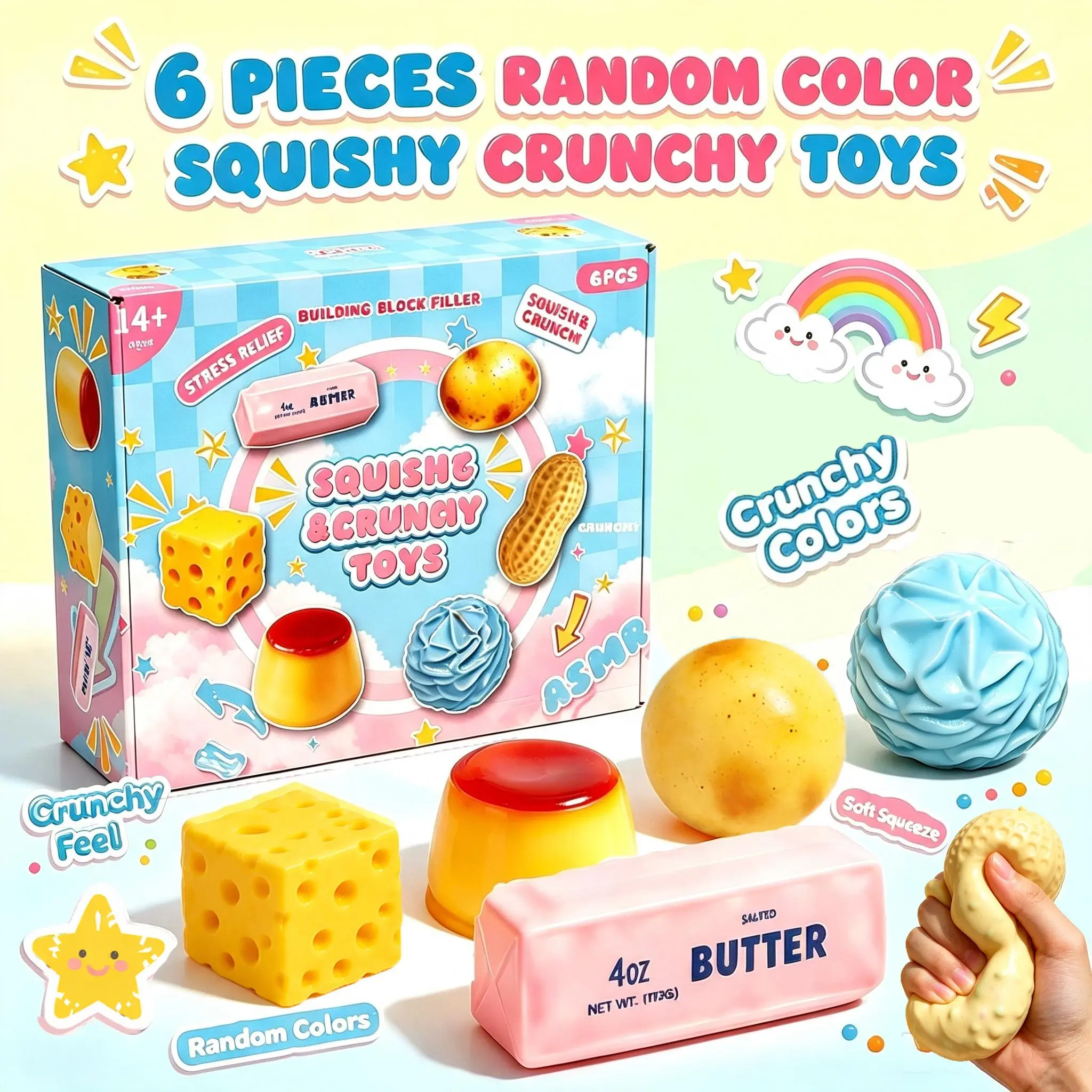 6-Piece Crunchy ASMR Sensory Fidget Balls, Building-Block Filled Anti-Stress Squishy, Ideal Gift for Teens & Adults, Party Entertainment, Back to School Essentials