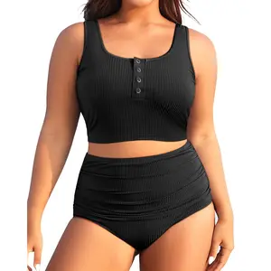 Yonique Plus Size Two Piece Swimsuit - Womens High Waisted Bikini Tummy Control Bathing Suit Ribbed Swimwear