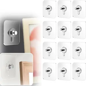 Drill Free Adhesive Hooks,Upgraded Picture Hangers Without Nails,Adhesive Wall Mount Screw Hooks for Hanging,Nail Free Wall Hangers for Kitchen, Bathroom (12 PCS, 2.75 * 2.75 inch)
