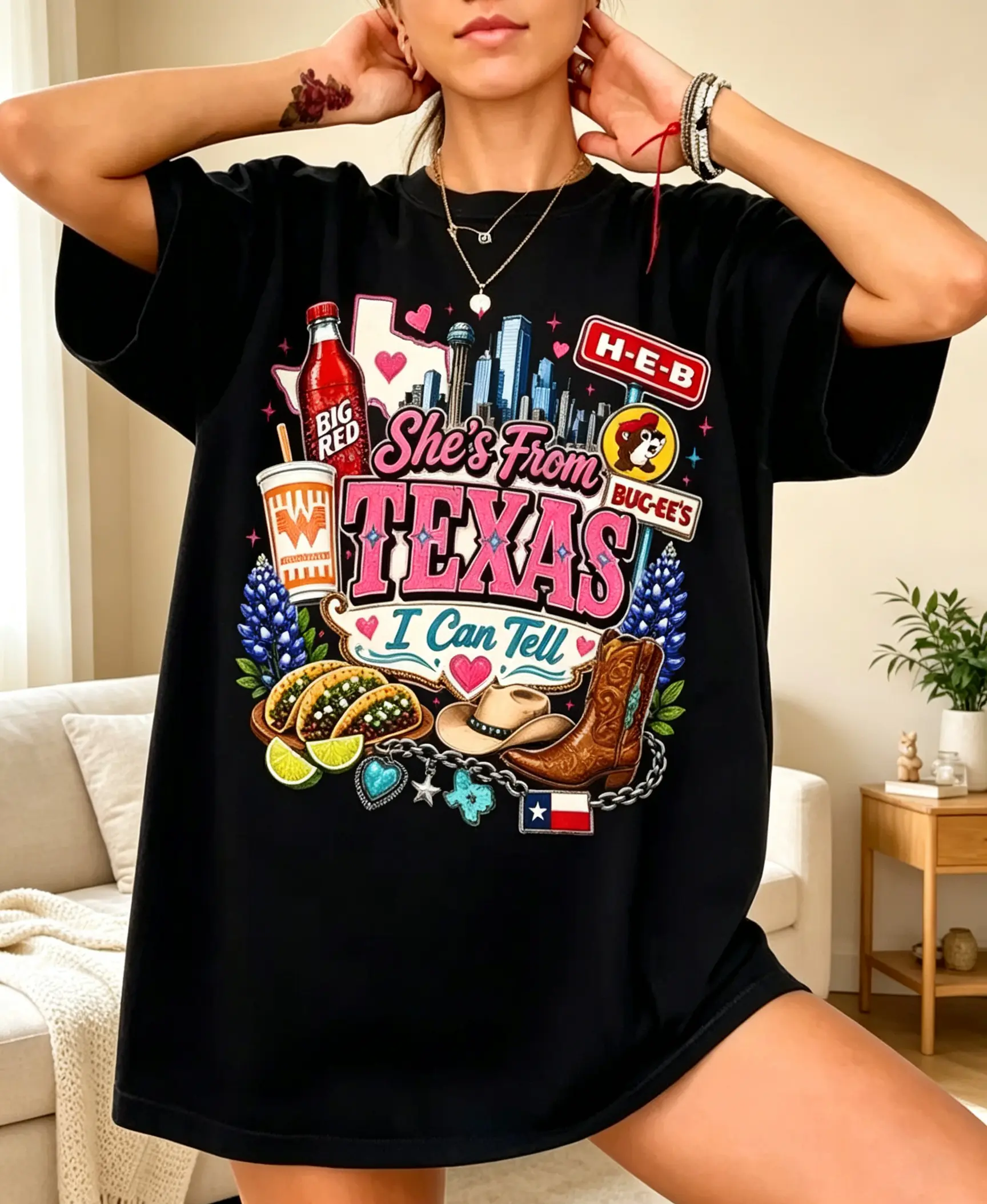Game Day Ready! Retro 'She's From Texas' Graphic Shirt, Big Red Western Casual Top – Great for Basketball Fans, Tailgates & Everyday Texas Style