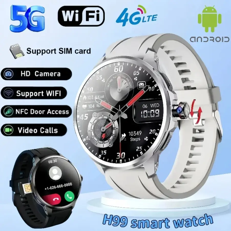2025 New H99 Wearable Smart Wristwatch - 5G Android OS, 1.95-inch AMOLED Screen, Rotatable Camera, Facial Recognition, 1900mAh Battery, GPS, WIFI, SIM Card Support, Bluetooth Connection, German-Japanese Mobile Fitness Device, Russian, Indian