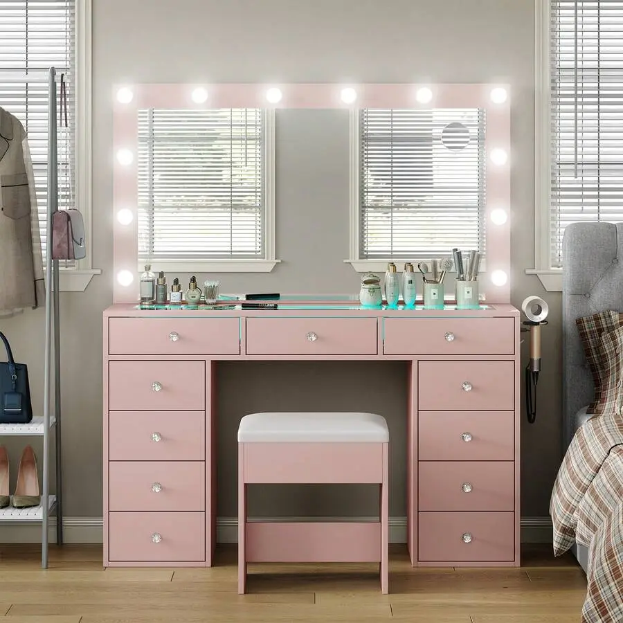 Vanity Desk With Illuminated Mirror & Power Outlet,Makeup Vanity With 12 USB Power LED Lights, 11 Drawers Vanity Table With Chair, Tempered Glass Top, Dressing Table For Bedroom,Dressing Room