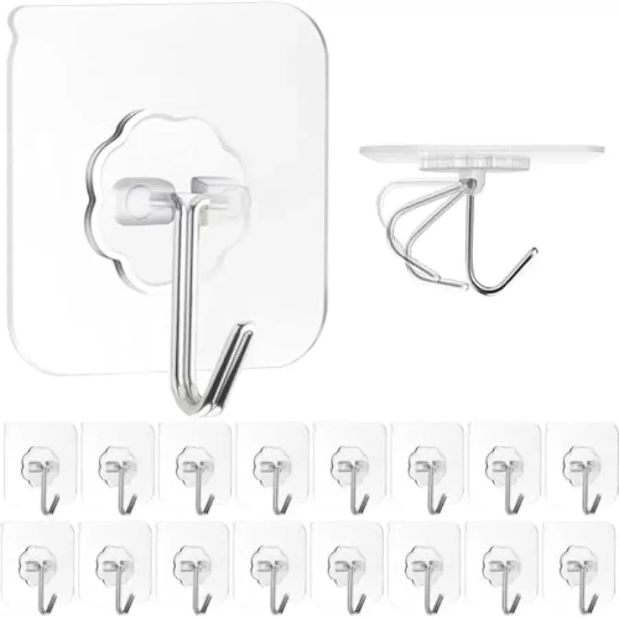 Adhesive Wall Hooks for Hanging, 16 Pack Self Sticky Hooks Heavy Duty 22lb Clear, Removable Shower Hook No Damage for Towel Key Coat Wreath Picture Outdoor Ceiling Bathroom Kitchen, Waterproof