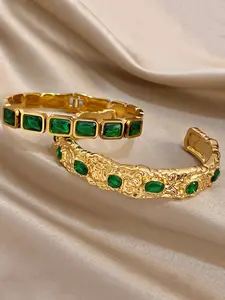 2pcs Set Gold Plated Zircon Bracelets, Emerald Green Geometric & Irregular Textured Stackable Bangles Beautiful Bracelets for Elegant Daily Wear & Party Gift