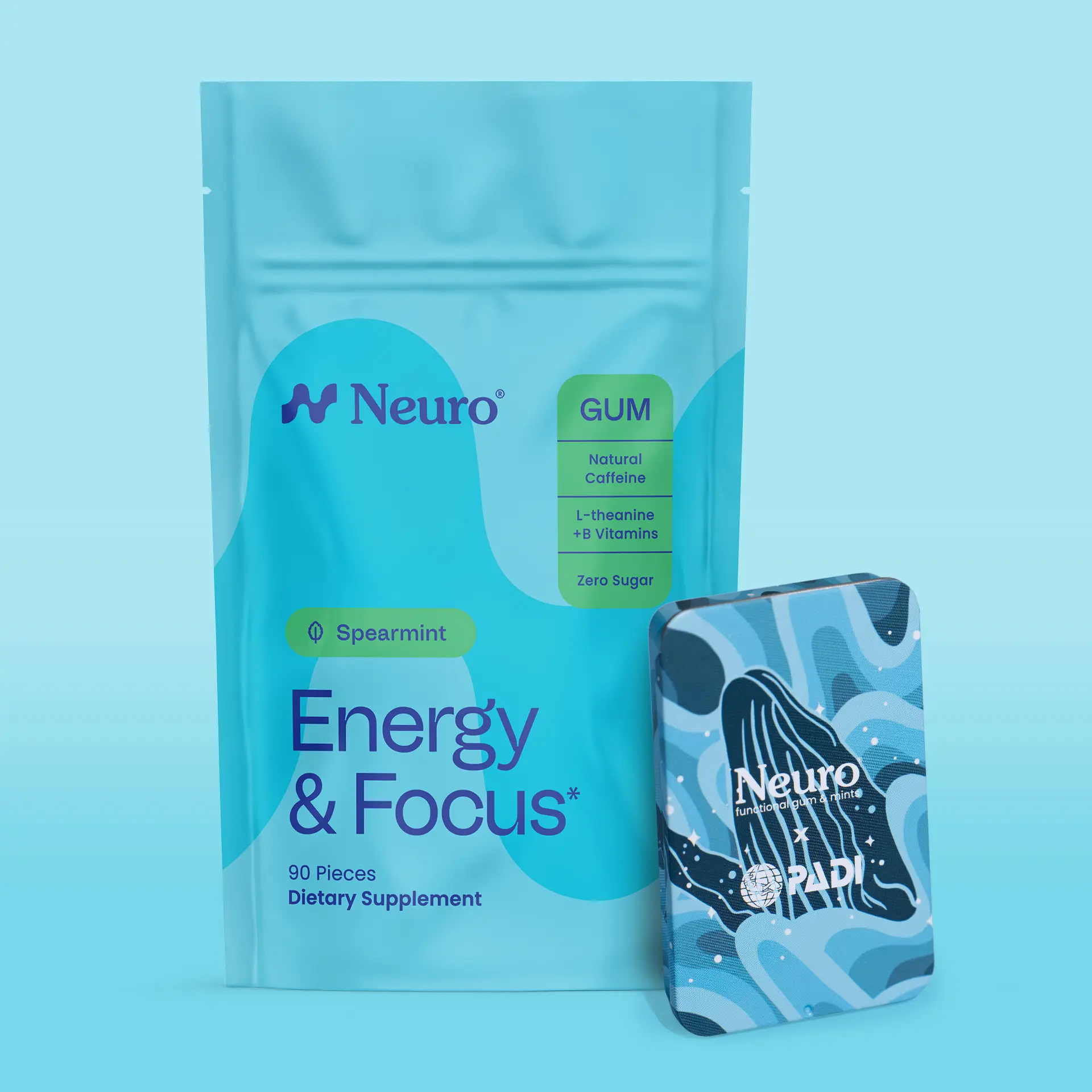 PADI Tin x Neuro Spearmint Energy & Focus Gum Bundle (90 Pieces) with Exclusive PADI Tin - Sugar Free with Natural Caffeine, L-theanine, Vitamin B12 & Vitamin B6