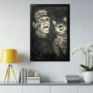 Vintage Frankenstein & Cat Halloween Poster Spooky Mash Art Print For Movie Fans