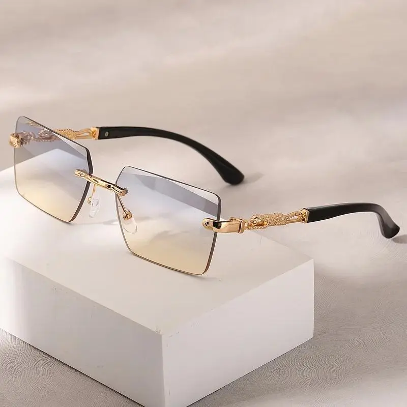 Unisex Fashionable Frameless Rectangle Eyewear Fashion - Gold-Toned Portable Solid Aftermarket Metal Frames, Non-Prescription Glasses with UV Protection Lens, Blue Light Blocking Lenses