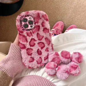 Leopard Print Fluffy Plush Stand Holder with Bracelet Phone Case for iPhone 11 12 14 13 15 16 17 Pro Max Plus - Protective Smartphone Cover Cellphone Protector Screen Protector Protection Casing Shockproof T1