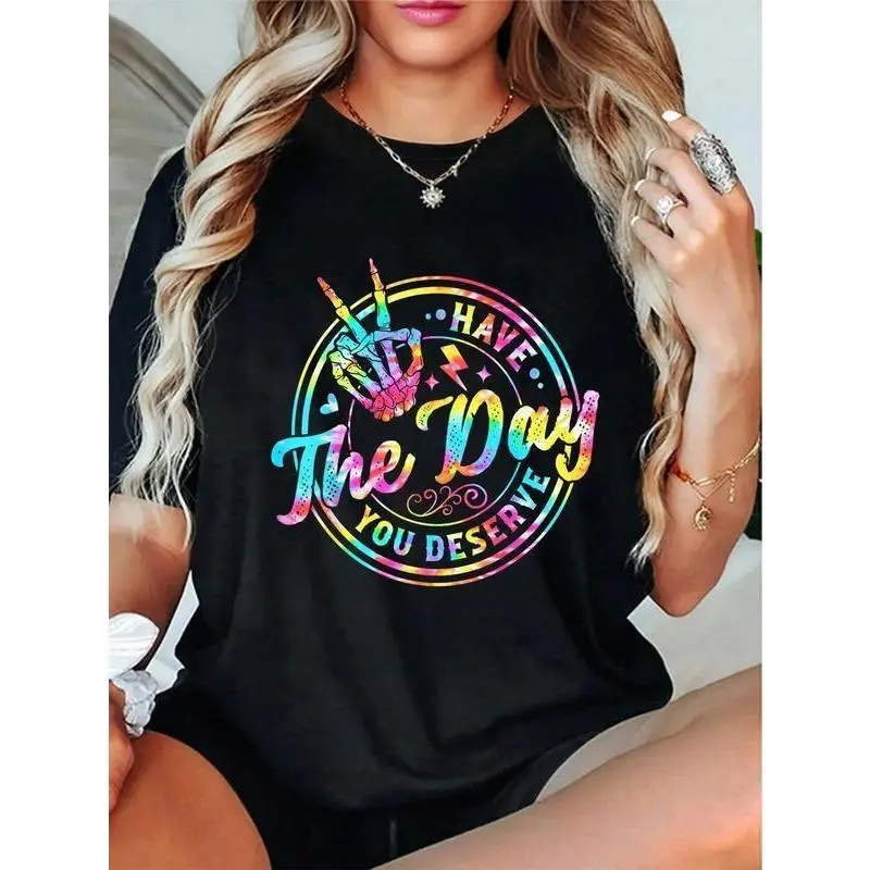 Men's Unisex Oversized Tie-Dye Graphic Tee Tops - Comfy 100% Short-Sleeve Casual Breathable Everyday Style Shirt with "Have The Day You Deserve" Skeleton, Shortsleeve, Fabric