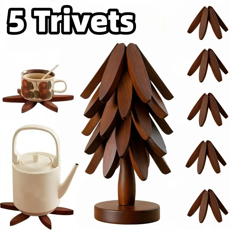 Natural Wood Trivet Set - 5 Wooden Trivets & 1 Stand, 7.8 Inches, Heat-Resistant, Foldable, Durable Kitchen Tableware Coasters for Hot Dishes, Pots, Birthday Gifting