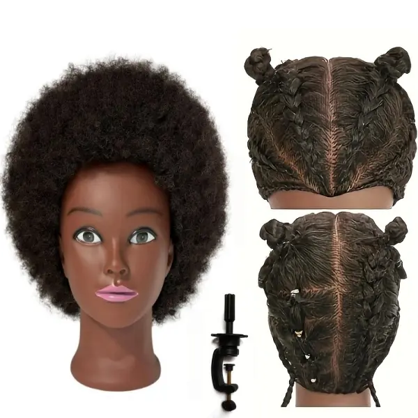 Traininghead 100% Real-Hair Mannequin Head, Training Head, Hairdressing Mannequin Head, Mannequin Model, Mannequin Head for Hairdressers’ Practice, Comes with Clip-On Stand, Women’s Style (6 inches, African Curls)