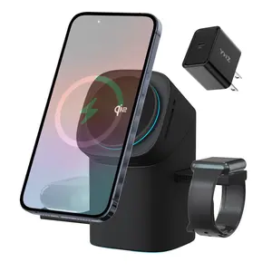 Three in One Wireless Charger Fast Charging Qi2 Certified for iPhone iWatch AirPods Magnetic Automatic Rotation Touch Pop-Up Charging Station Easy Carry