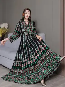 Women's Boho Long Dress, Long Sleeve Loose Fit All-Season H-Type Design, Belted & Printed Pattern, Perfect for Casual Wear Everyday Bohemian
