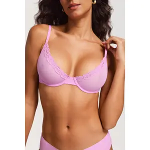 Women's Sheer Mesh Underwire Demi Bra Unlined Balconette Bra Sexy Lace Trim Plunge V-neck