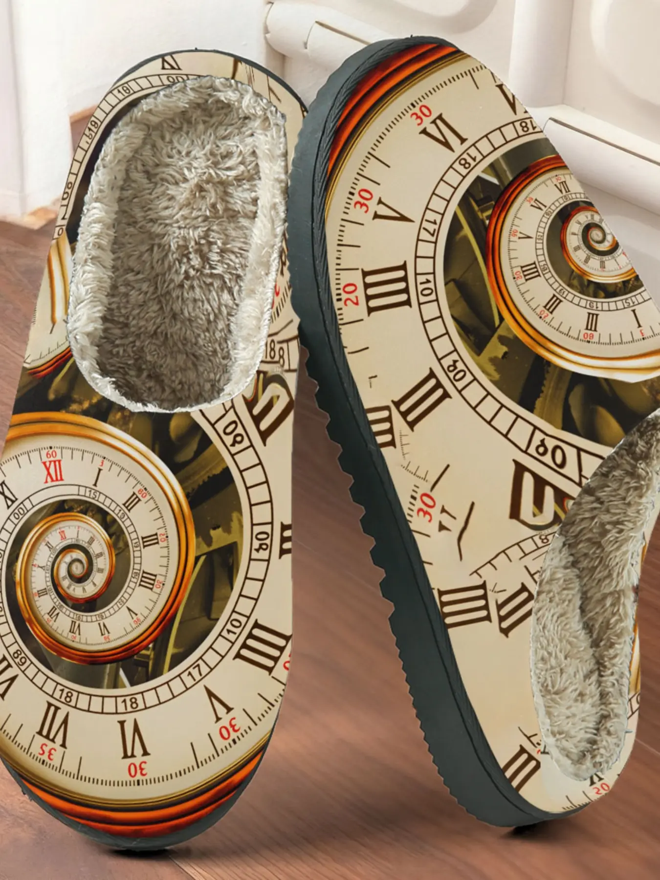Time Clock Spiral Print Cotton Slippers, Vintage Sci-Fi Style, Plush Lined Anti-Slip Thick Sole, Home Use Men Women Fall Winter Warm Shoes