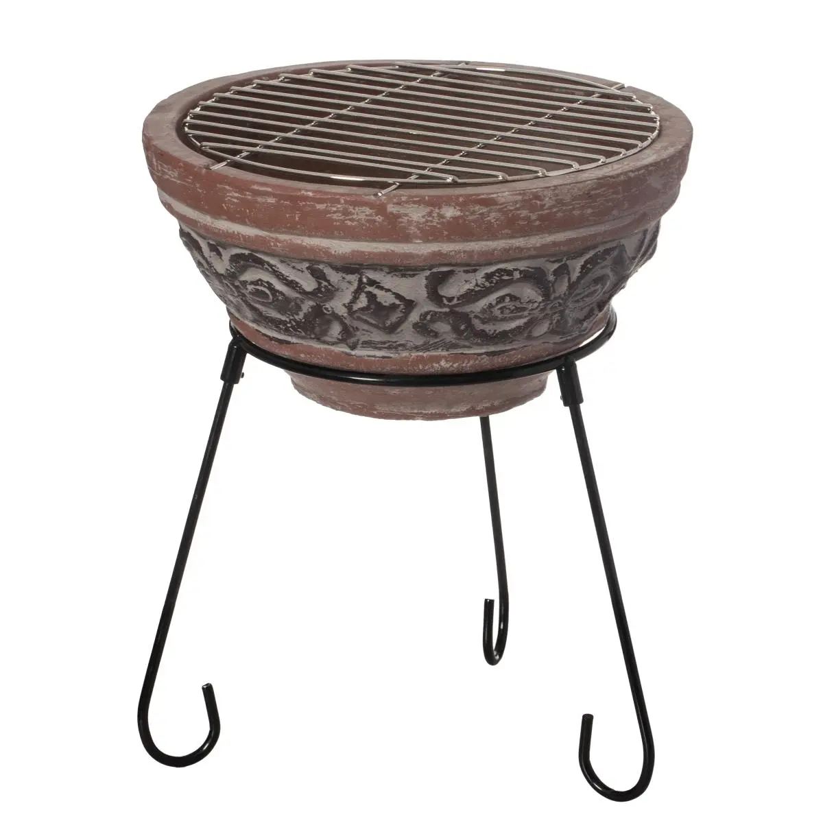 Vintiquewise QI004353 Vintage Charm 13.25" Dia Round Small Red & Gray Clay Body Grill/Fire Charcoal Pit with Sturdy Metal Stand for Family Outdoor Gatherings, Patio Fire Bowl, Warm And Cozy