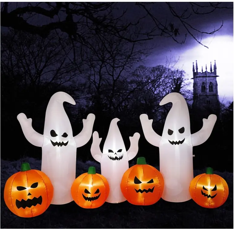 8 FT Long Lighted Halloween Inflatable Ghosts with Pumpkins, Halloween Blow Up Decorations for Halloween Indoor Outdoor Garden Lawn Party Yard Decorations