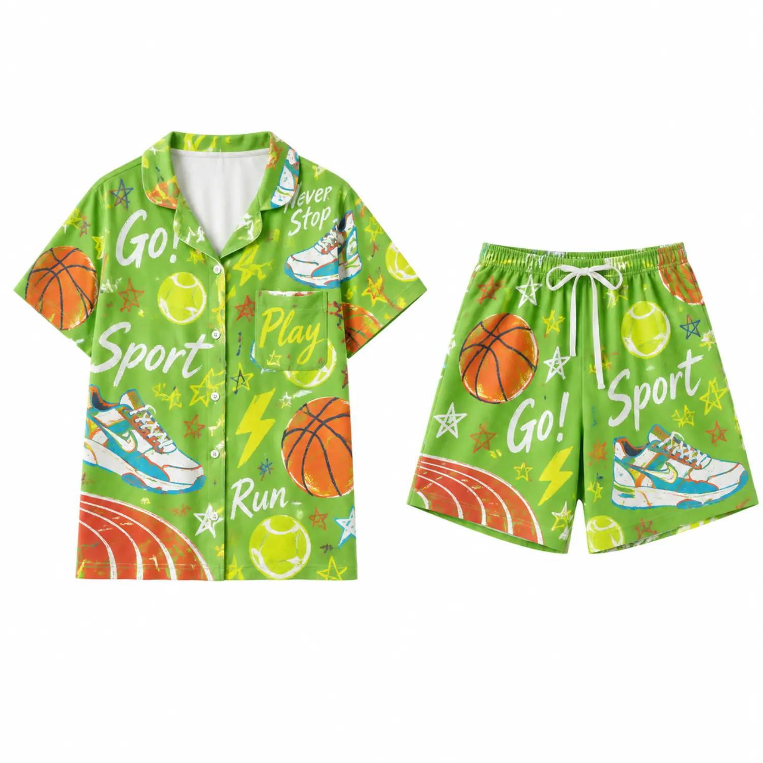 Green Sports Print Pajama Set, Short Sleeve Button Front Shirt and Drawstring Shorts, Basketball Tennis Sneaker Pattern Sleepwear for Relaxing Nights and Lounging