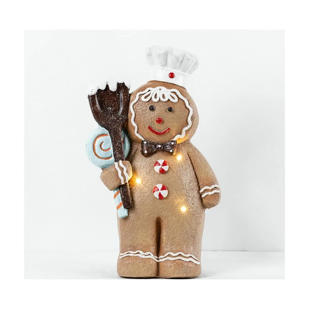 212 MAIN 17.5 in. Magic Gingerbread Snowman Chef Tabletop Christmas Figurine - 9 lbs Dry Battery-Powered Ornament, Warm-Toned LED Lights, Chocolate Accents, Spoon Prop, Decorative Hat, Mineral Accent, Indoor All Ages Home Holiday Decor Gift