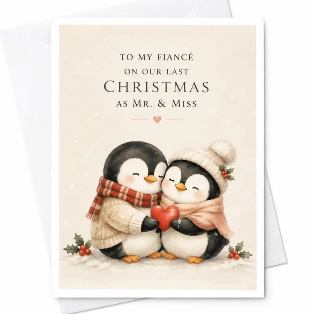 To My Fiancé On Our Last Christmas As Mr. & Miss Cute Christmas Card For Fiance Penguin Couple Love Card Romantic Holiday Card C4356