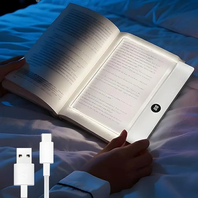 Book Light, Rechargeable Clear LED Flat Reading Light with & Timer, Dimmable Panel Plate Lamp Book Full Page Light for Reading in Bed at Night, Funny Gifts for Readers