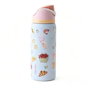 Owala 32oz Pure Copper Insulated Water Cup Tumbler - Rosé & Croissant Print Picnic-Inspired Design, Leakproof, Icy Cold All Day, Fashion Travel Drinkware with Bag, Glass Juice Lids, Straws, Duck Can (For Beach Days, Brunch Runs)