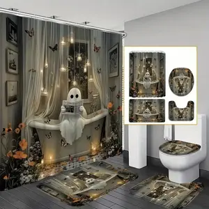 4pcs Christmas cute ghost design, exquisite shower curtain set, non-slip floor mat, U-shaped carpet, toilet lid cover, perfect for bathroom decoration, partition, beautify the space, 12 shower curtain hooks are given