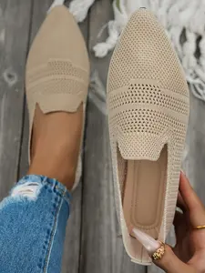 Women's Knitted Pointed Toe Beige Flats, Comfortable Soft Rubber Sole, Easy Slip-On Design, Perfect for Daily Wear & Commuting