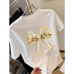 Golden Bow Y2K T Shirt for Women Short Sleeved Round Neck Casual Spring Summer Top