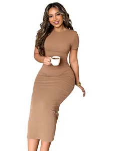 1Pc Women's Bodycon Midi Dress Short Sleeve Crewneck Ruched Casual Dress for Daily Wear