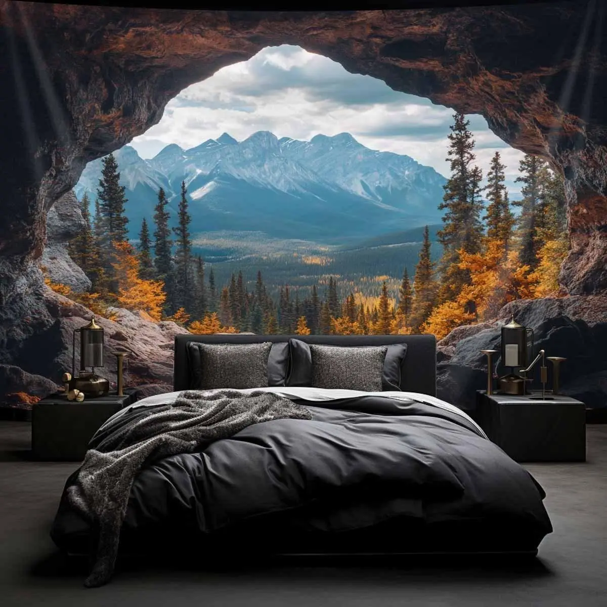 [Holiday Gift] 1pc Nature Autumn Mountain Cave Landscape Painting Print Tapestry - Polyester Brushed Fabric, Modern Wall Decor Bedroom, Long-Lasting Wall Art, Machine Washable Home Decor, Party Backdrop (No Electricity Needed)