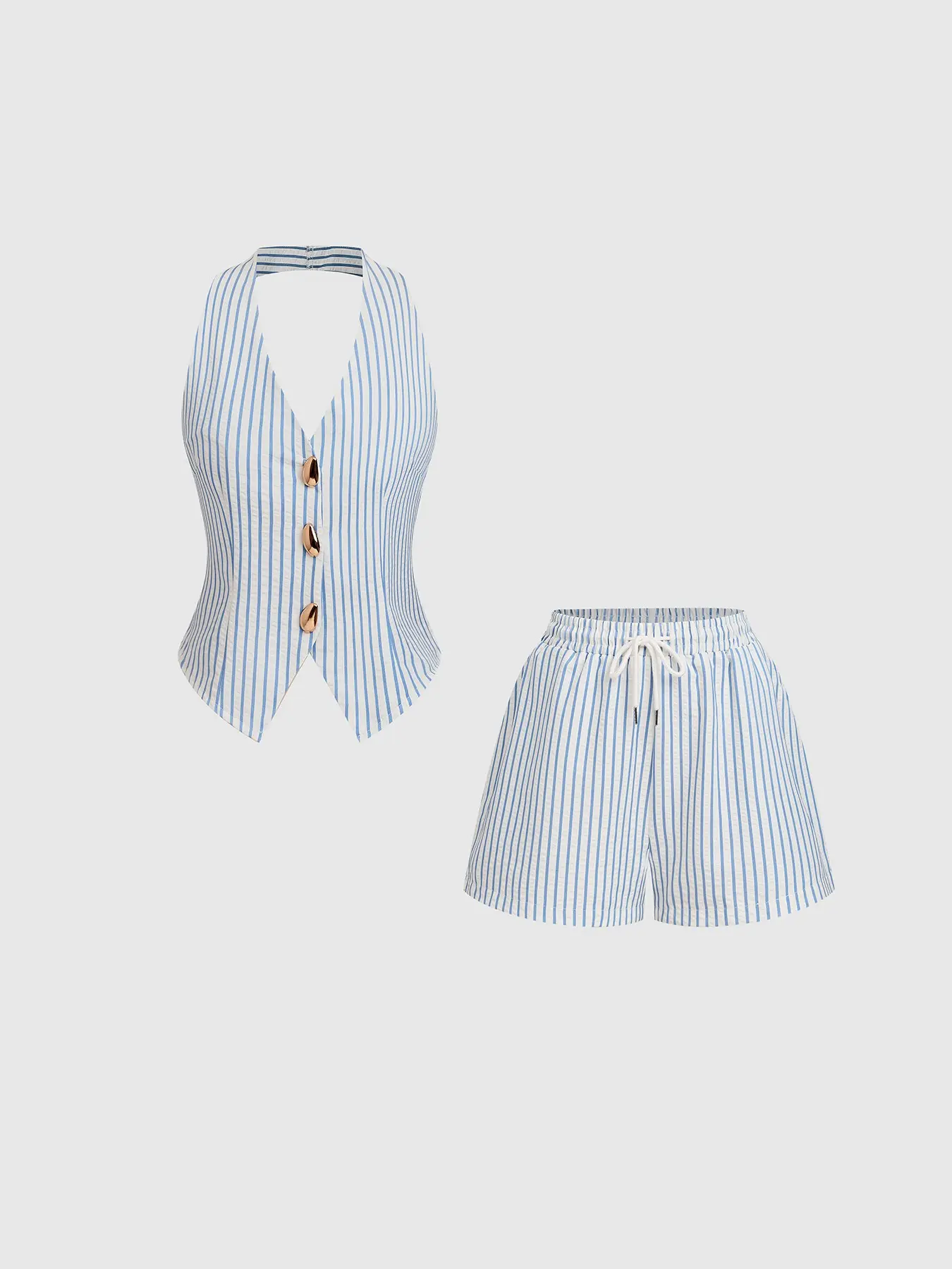 2 Piece Halter V-neck Striped Sleeveless Vest & Drawstring Casual Shorts Sets Womenswear, Daily Versatile Outfit