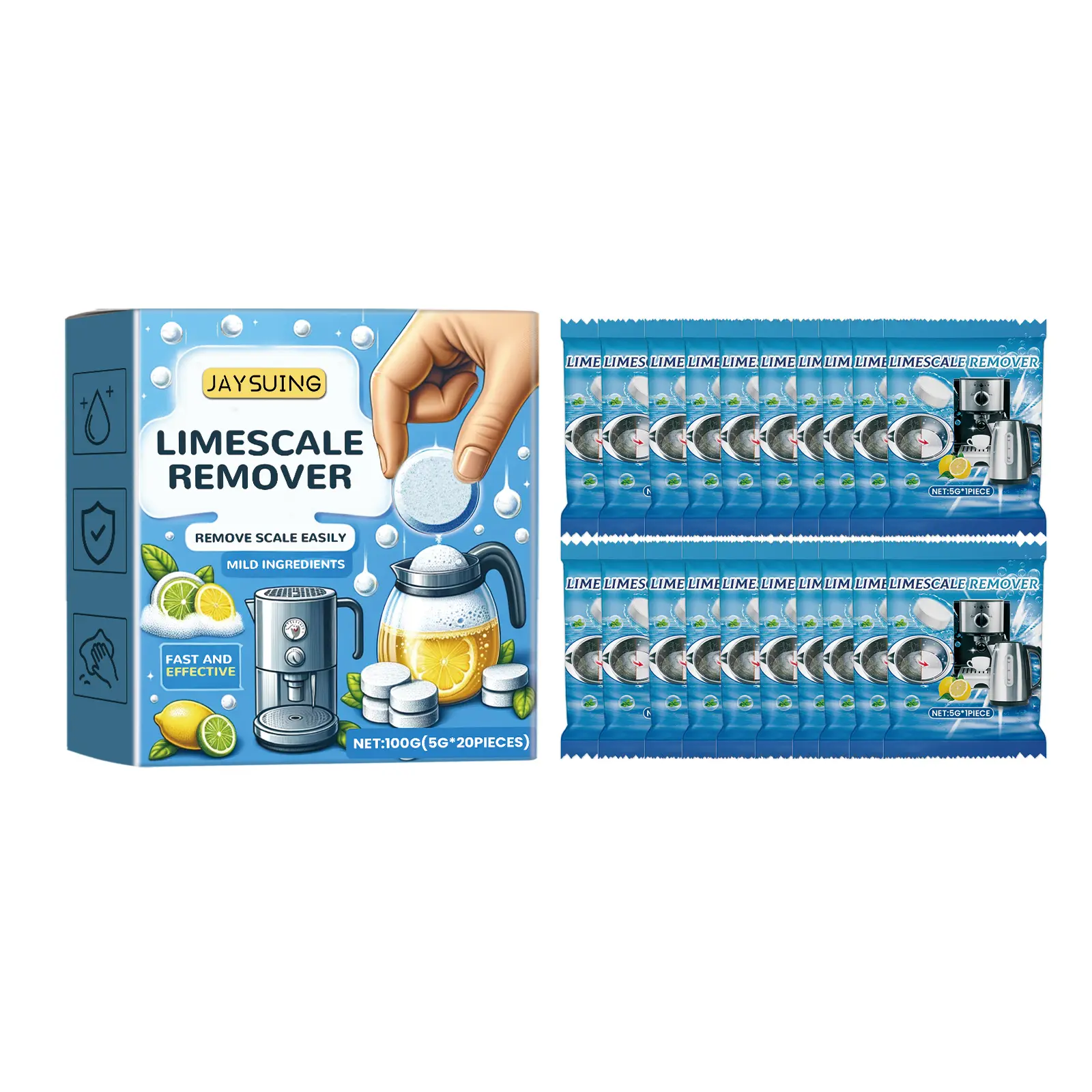 Jaysuing Multi-Purpose Household Descaling Effervescent Tablets - Lemon Extract, Peppermint-Infused, Non-Bleach, Deodorizing, Scented All-Purpose Cleaners for Electric Kettles, Basins, Non-Bleach All-Purpose Cleaners