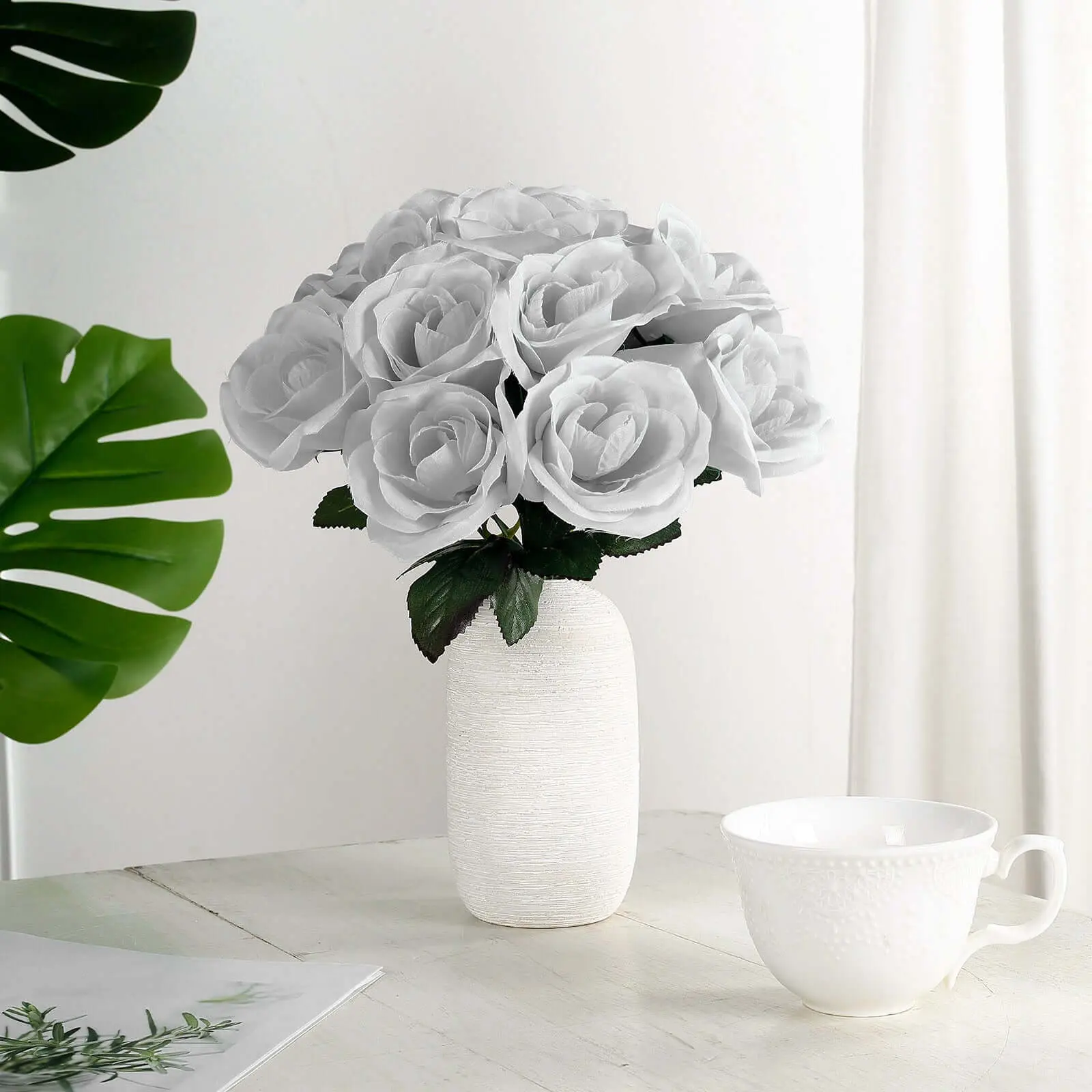 Silver Velvet-Like Fake Silk Flower Bouquet, 12" Decorative Floral Arrangement for Home Decor, Fake Silk Flowers
