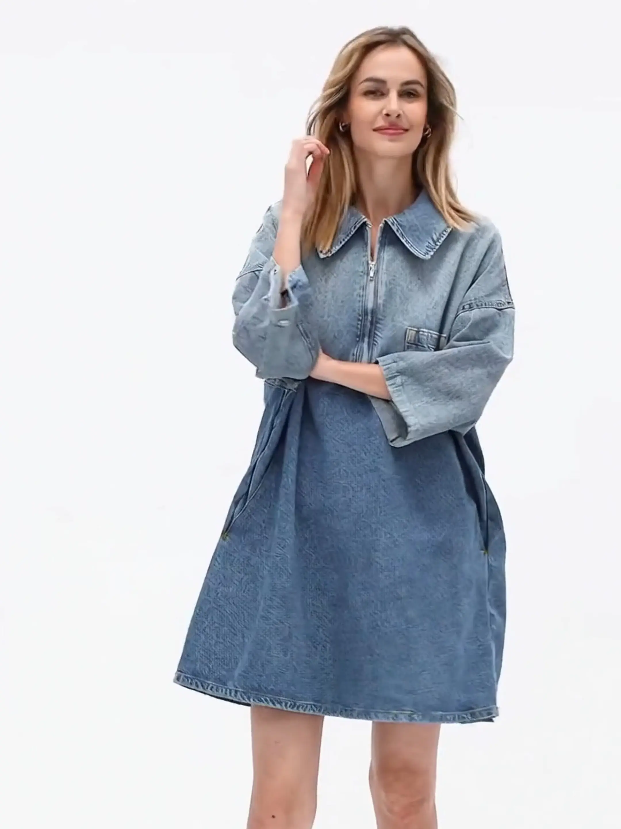 EL ELENGATINE Women's Retro Half-Zip Denim Dress, Soft Cotton Blend Long Sleeve Oversized Fit with Pocket, Casual Street Style, Plus Size, Basic, Lady, Everyday, Fabric, Polyester, Going Out, Street Chic, Cold Wash, Single Pocket, Half-Zip Neck, Daily, Pl