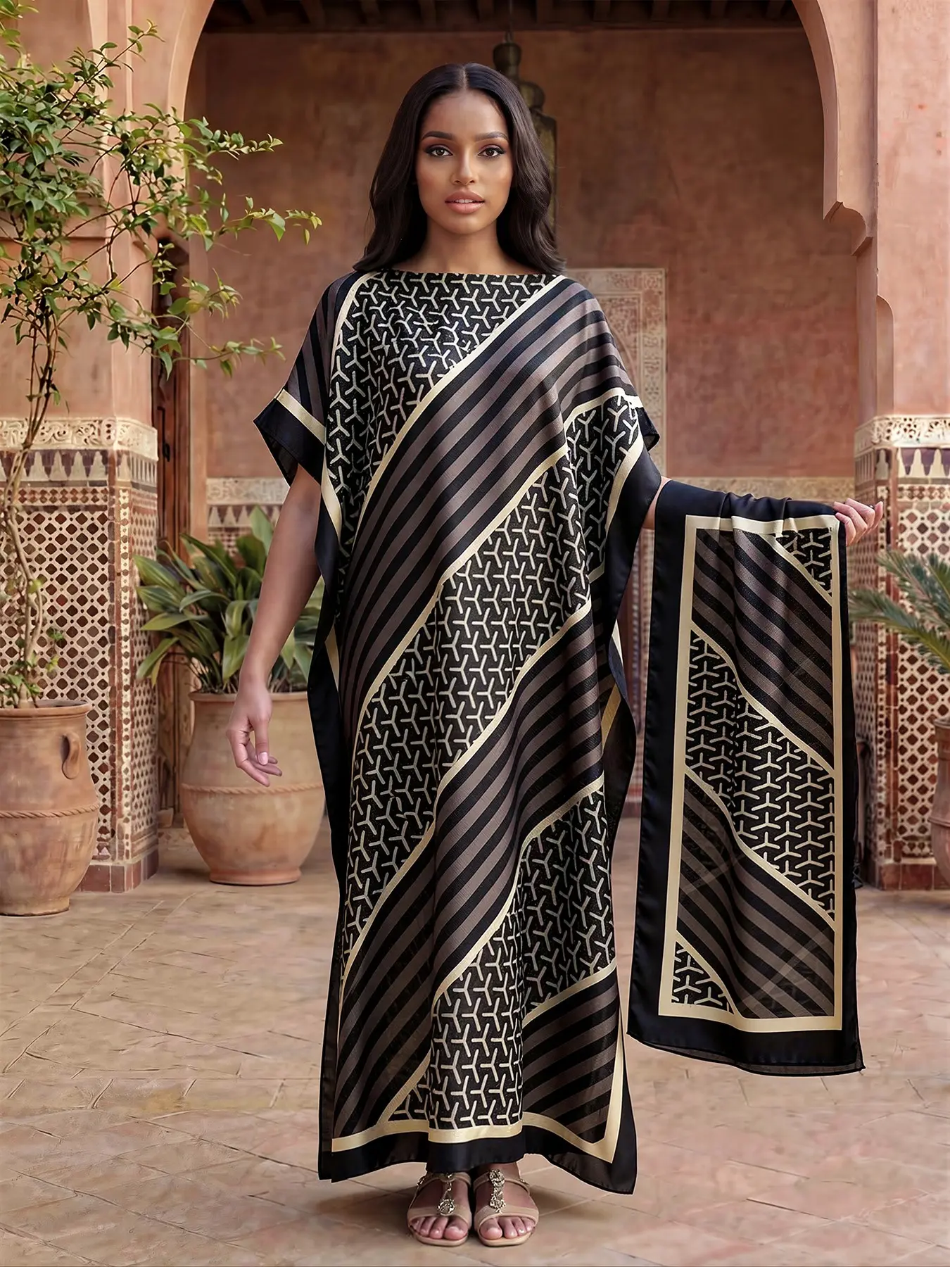 Women's Elegant Chic Geometric Loose-Fitting Robe Set, Two-Piece Design with Matching Headscarf, Versatile Shawl for All Seasons, Boho Fashion Casual Comfy Everyday Wear, Stylish and Comfortable