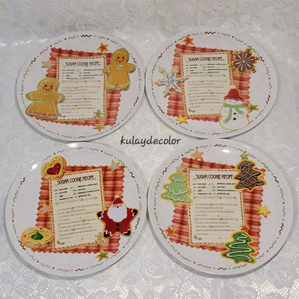 Set of 4 Christmas Sugar Cookie Recipe Dessert Plates Gingerbread Snowman Santa