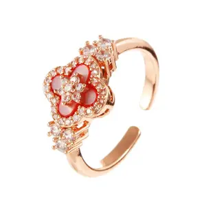 Popular Colorful Internet Celebrity Pink Lucky Four-Leaf Flower Shining Zircon Ring Copper-Plated Real Gold Adjustable for Versatile Wear