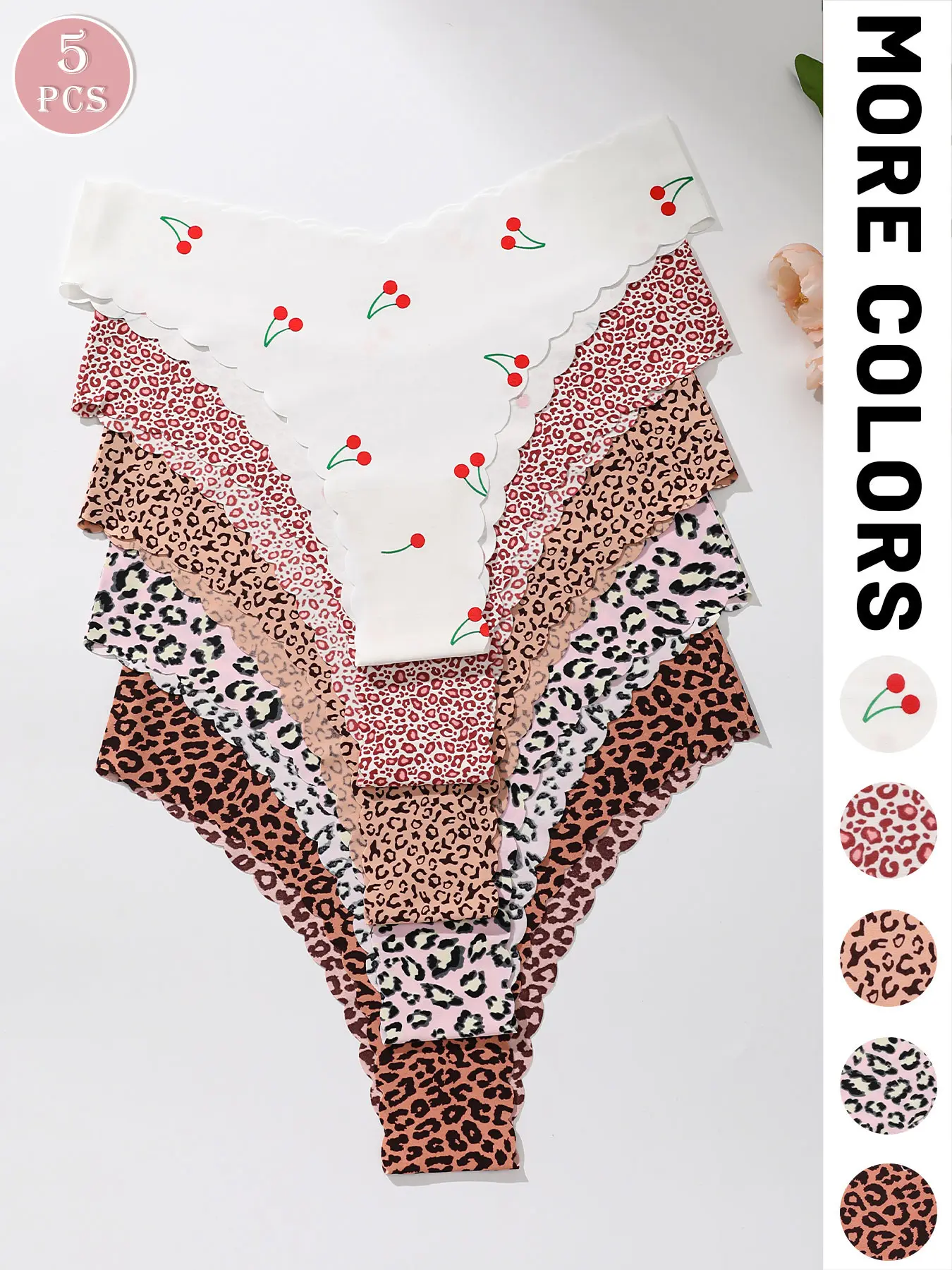5/6/12 pieces sexy women's bikini panties, low-waist wavy edge V-shaped design - leopard cherry print, soft and fitting underwear, suitable for daily wear and casual sports